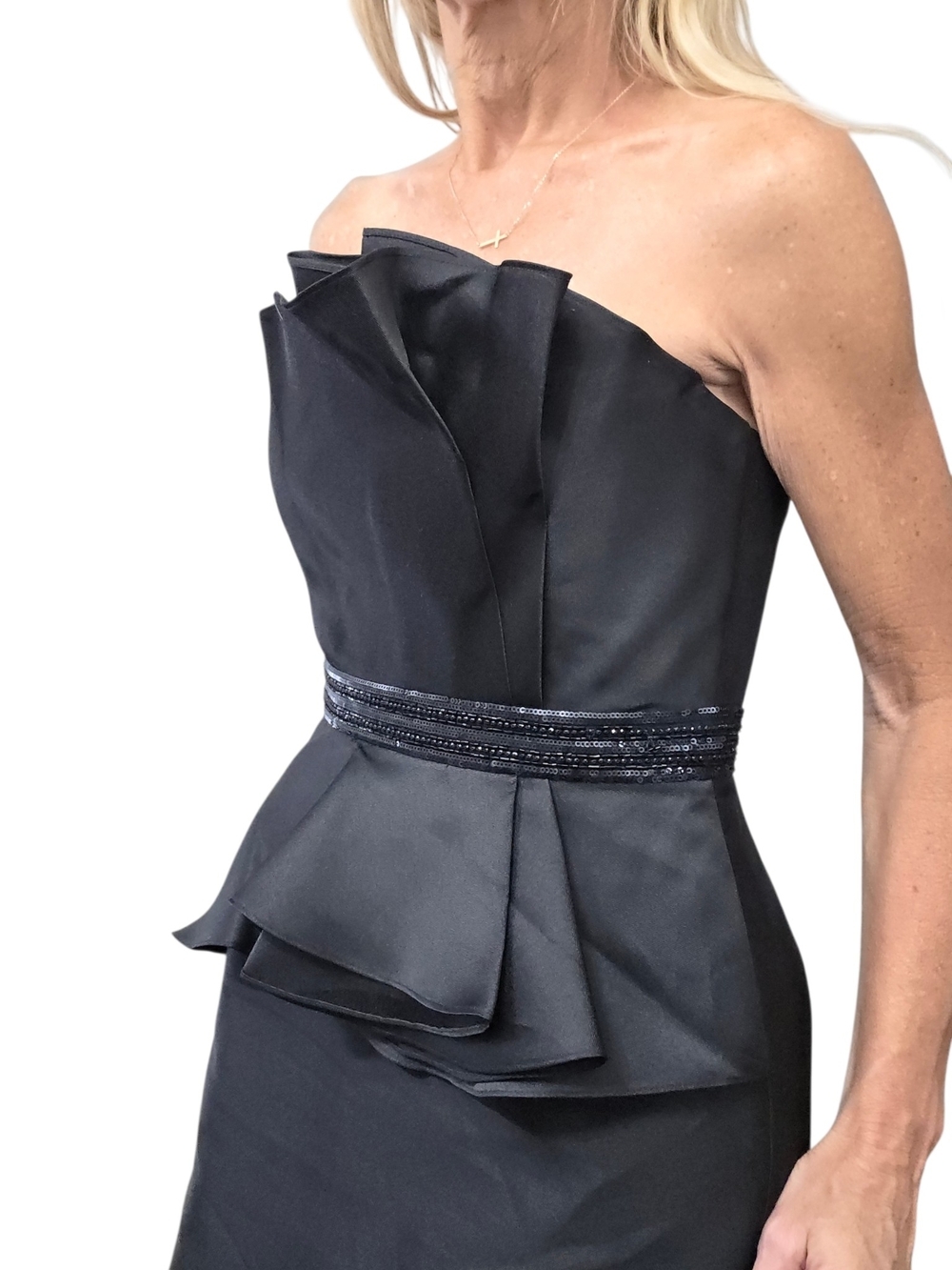 Carmen Marc Valvo Black Strapless Peplum Cocktail Dress Beaded 8